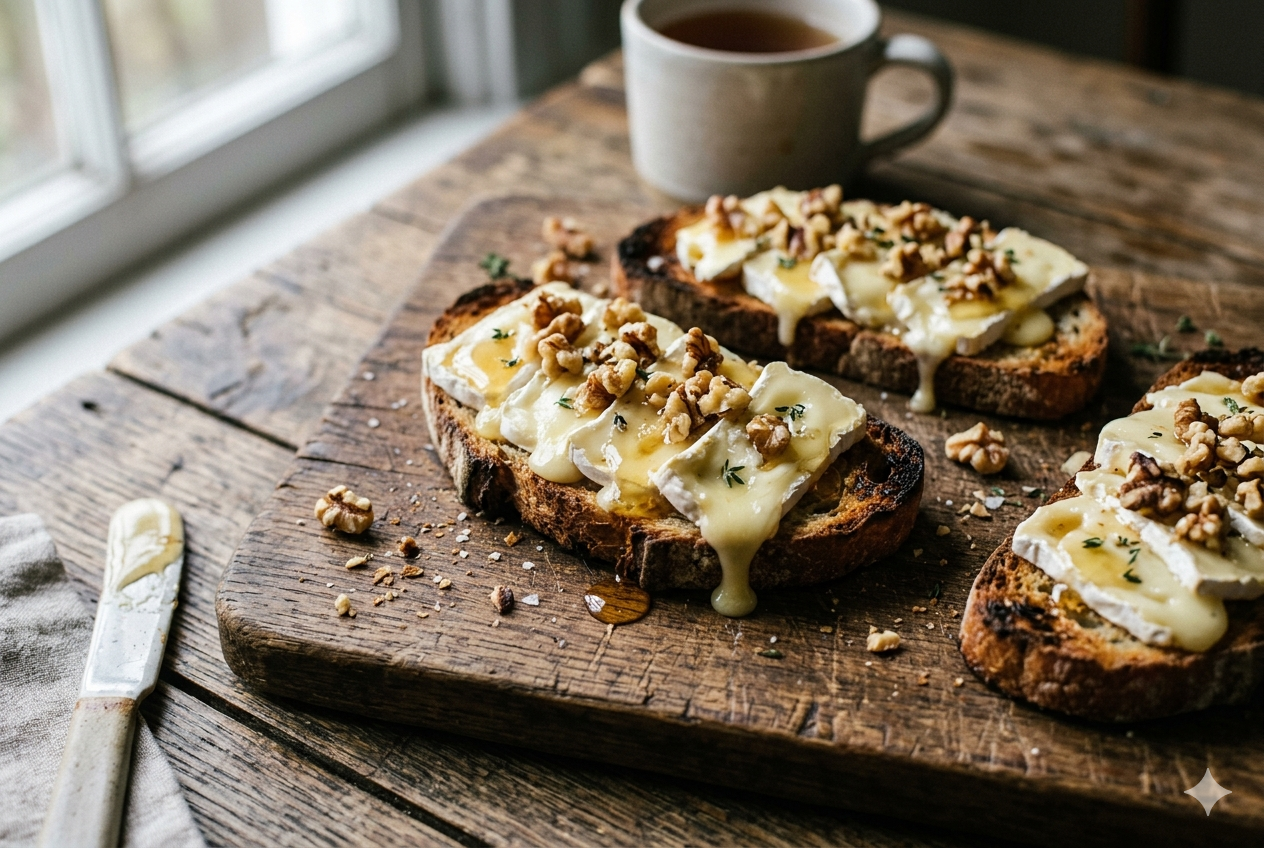 Tostadas de brie con miel y nueces